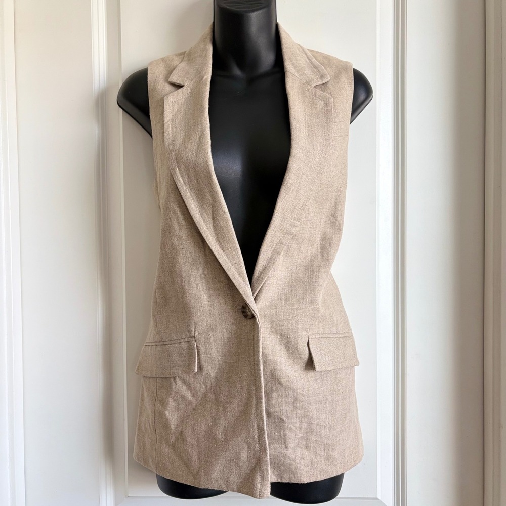 Michael Kors Womens 100% Linen Vest Beige Oatmeal Sleeveless Blazer XXS Longline